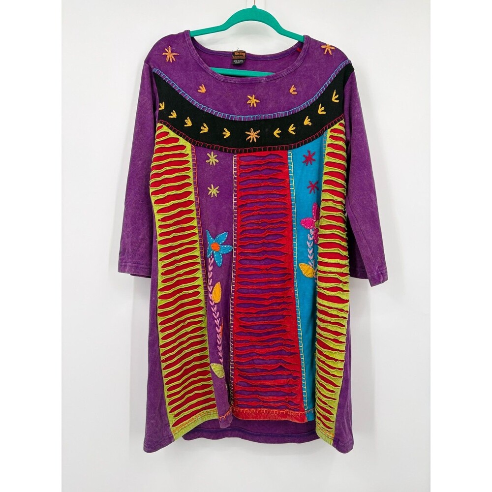Rising International Tunic Dress Womens XXL Purple Floral Embroidered Boho Nepal